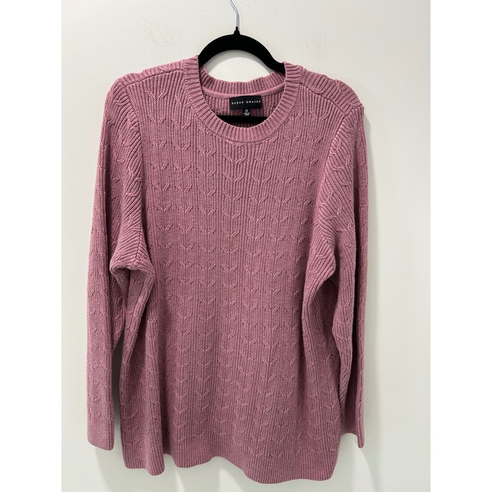 Susan Graver Women 2X Pink Cable Knit Crew Neck Long Sleeve Pullover Sweater